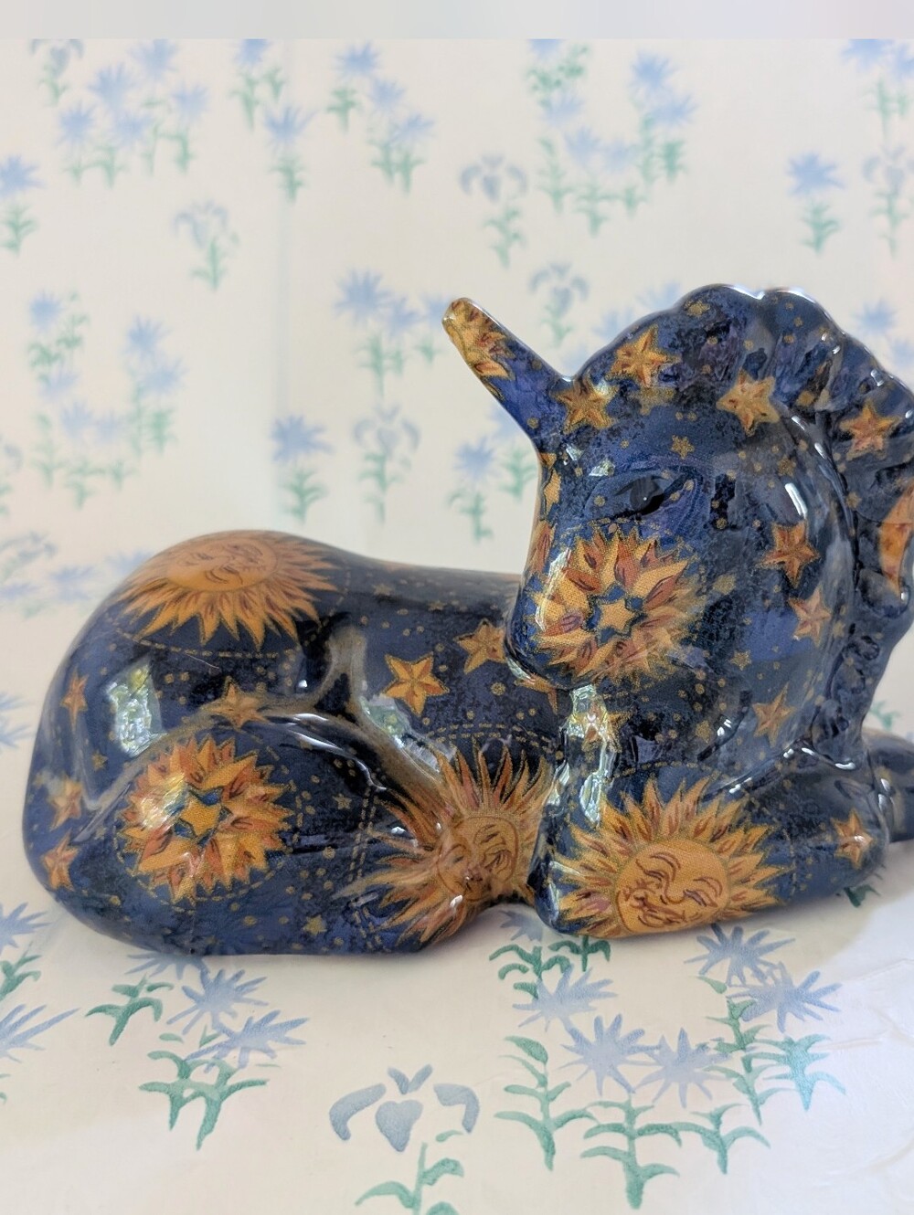 Vintage 90s Celestial Sun & Moon Print Unicorn Figurine Decor Joan Baker Witch